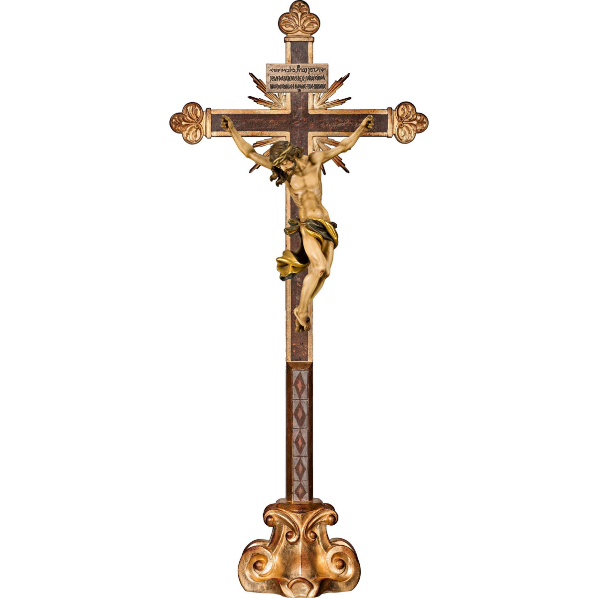 Cristo Barroco en cruz barroca con rayos en peana y Titulus Crucis en hebreo - latín - griego
